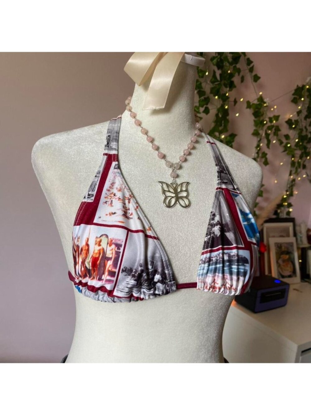 Y2K printed strappy halter bikini top